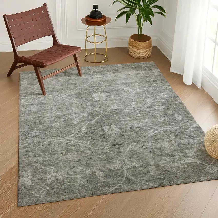 Pewter And Gray Floral Washable Indoor Outdoor Area Rug Photo 8