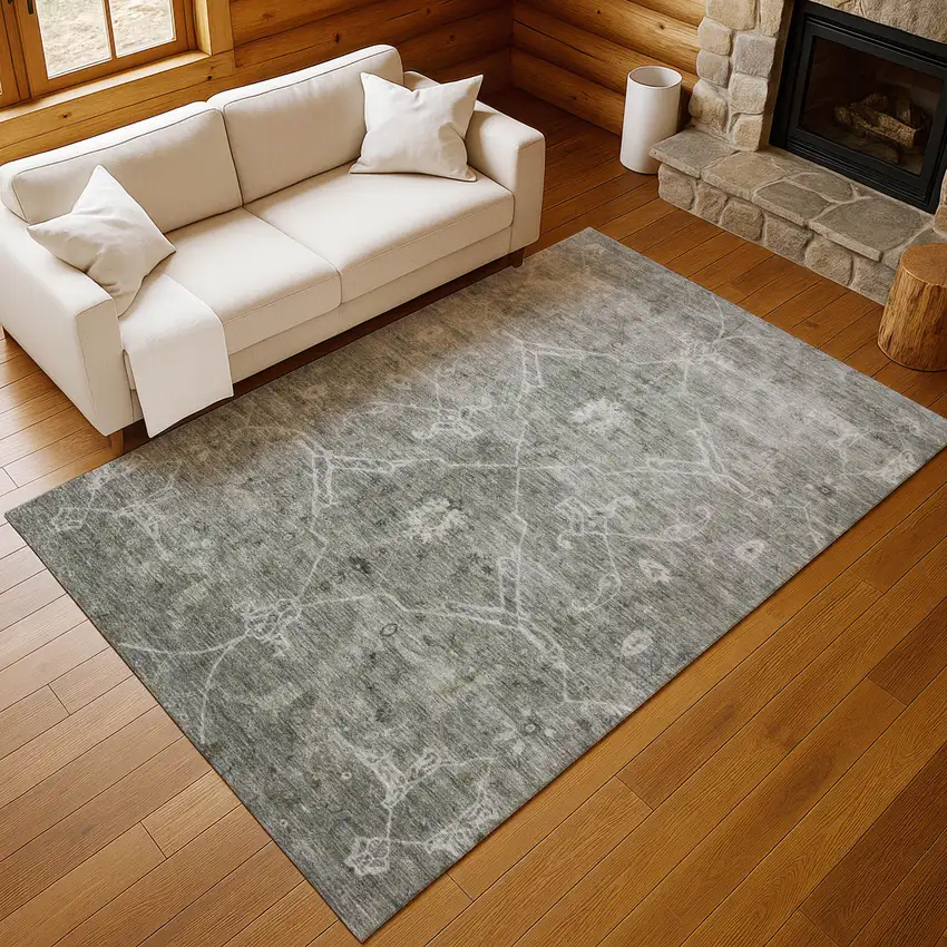 Pewter And Gray Floral Washable Indoor Outdoor Area Rug Photo 6