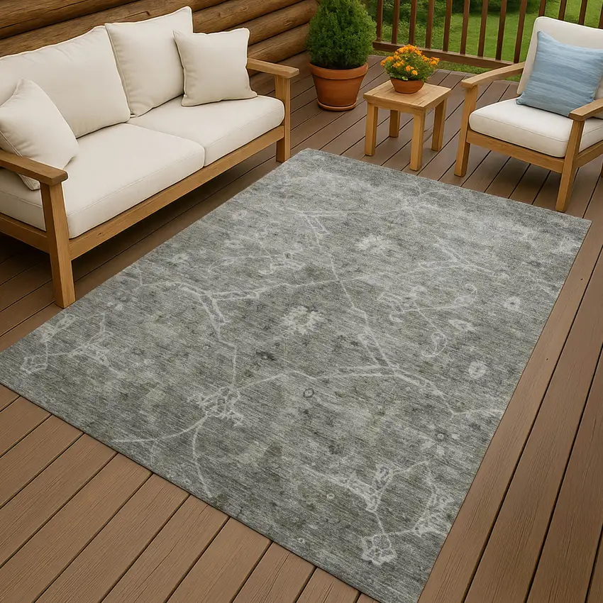 Pewter And Gray Floral Washable Indoor Outdoor Area Rug Photo 8