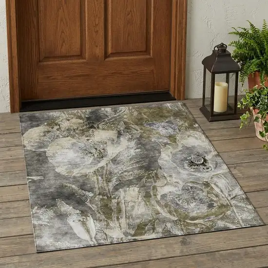 Pewter And Gray Floral Washable Indoor Outdoor Area Rug Photo 1