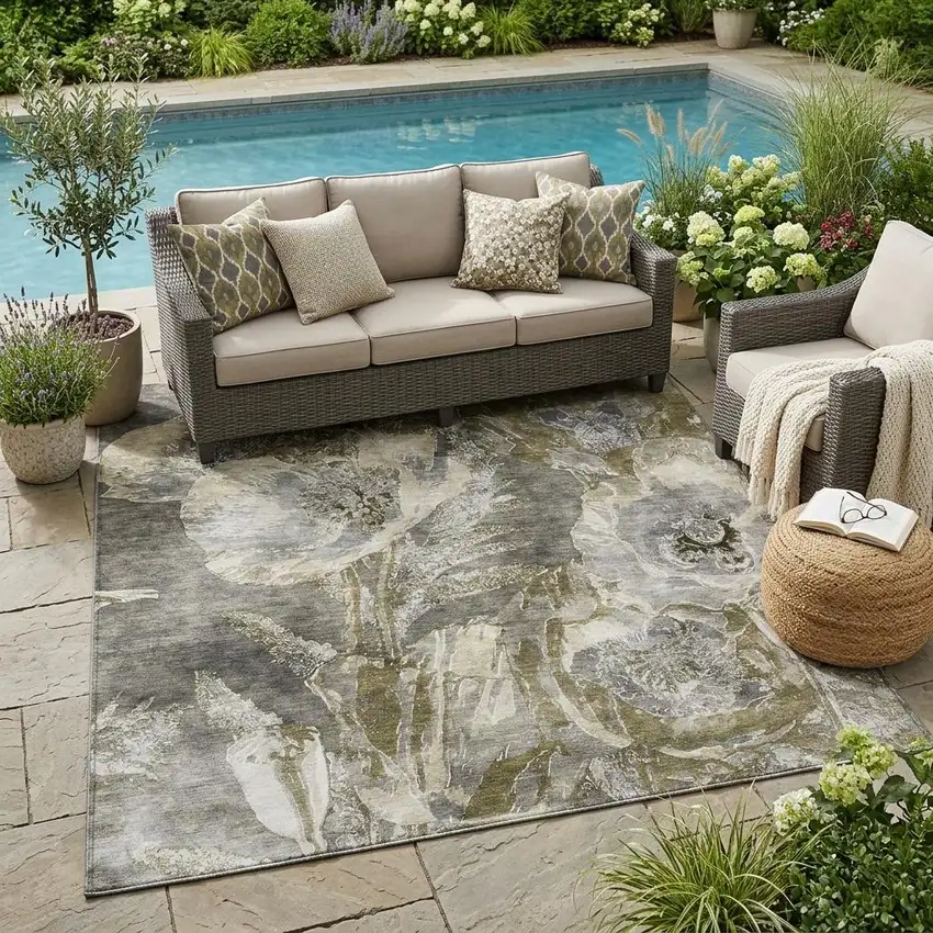 Pewter And Gray Floral Washable Indoor Outdoor Area Rug Photo 1
