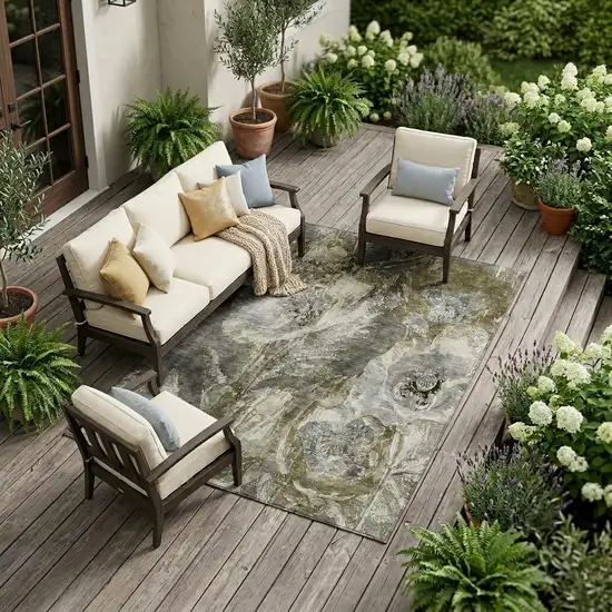 Pewter And Gray Floral Washable Indoor Outdoor Area Rug Photo 1