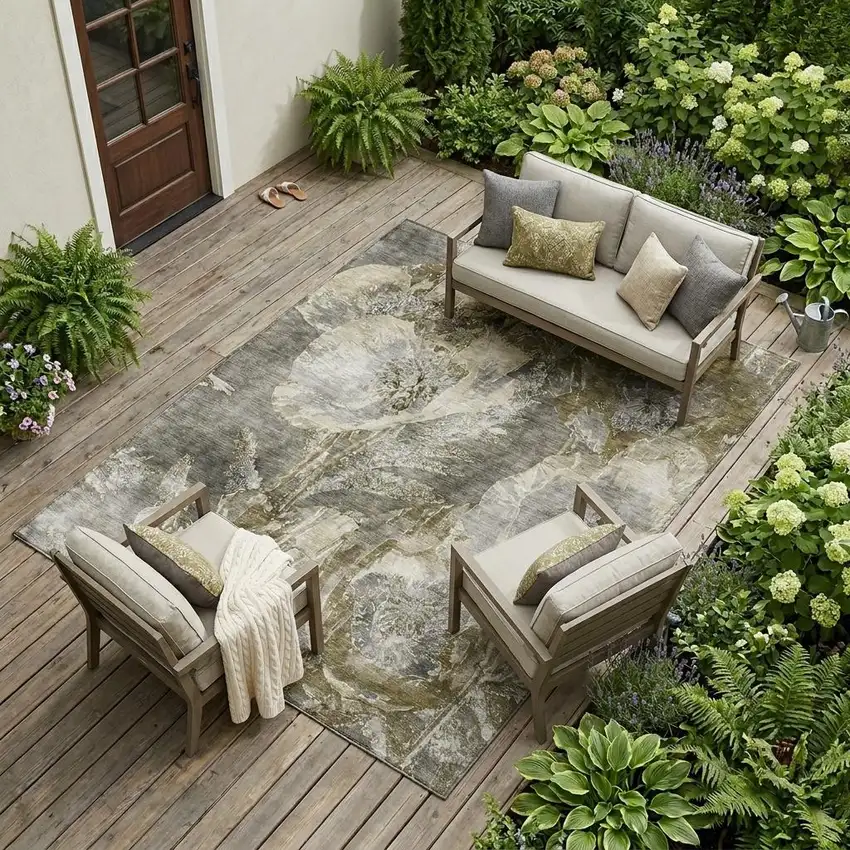 Pewter And Gray Floral Washable Indoor Outdoor Area Rug Photo 1