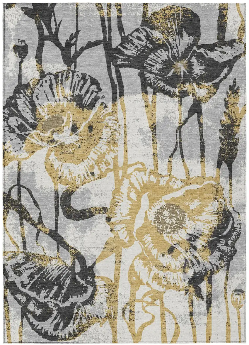Pewter And Gray Floral Washable Indoor Outdoor Area Rug Photo 1