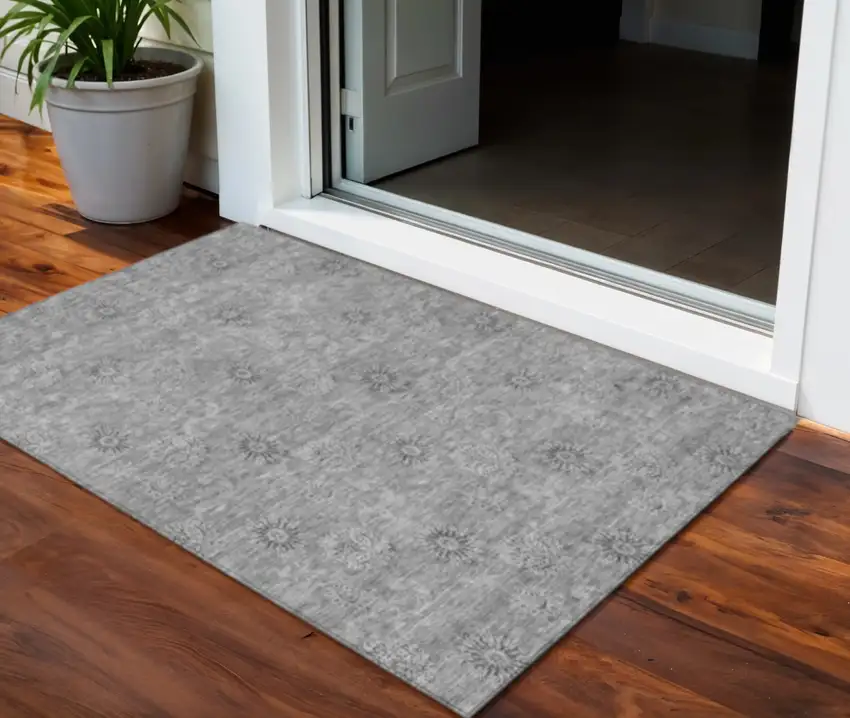 Pewter And Gray Floral Washable Indoor Outdoor Area Rug Photo 1