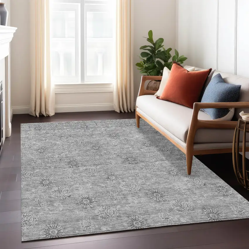 Pewter And Gray Floral Washable Indoor Outdoor Area Rug Photo 9