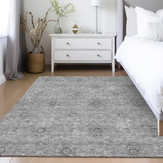 Pewter And Gray Floral Washable Indoor Outdoor Area Rug Photo 9