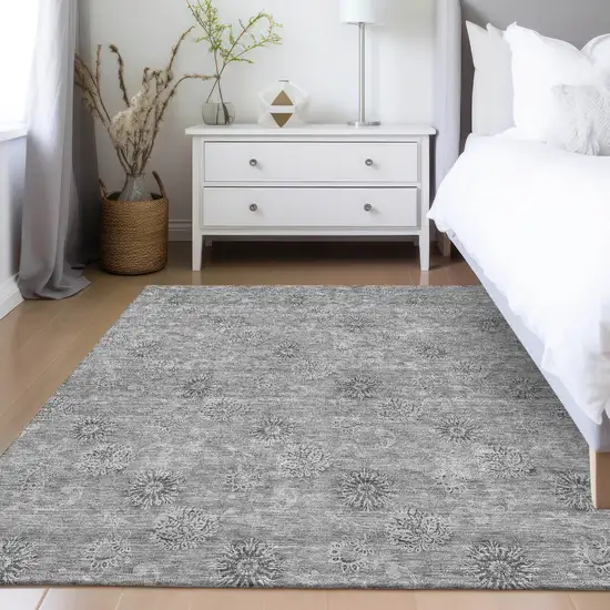 Pewter And Gray Floral Washable Indoor Outdoor Area Rug Photo 9