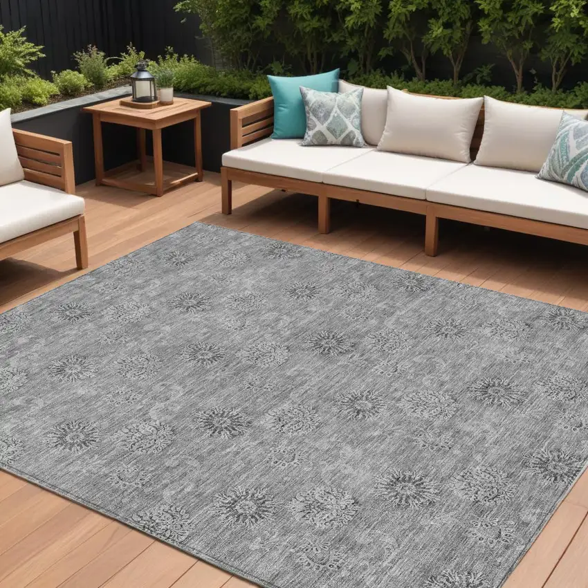 Pewter And Gray Floral Washable Indoor Outdoor Area Rug Photo 1