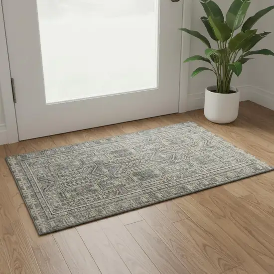 Pewter And Gray Geometric Washable Area Rug With UV Protection Photo 2