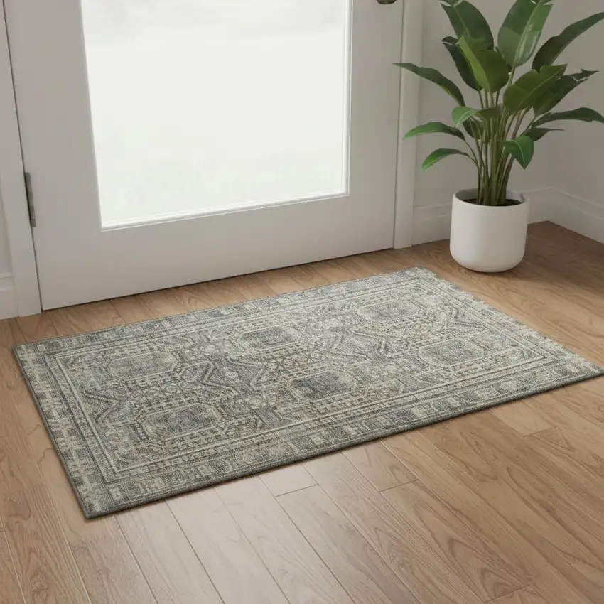 Pewter And Gray Geometric Washable Area Rug With UV Protection Photo 2