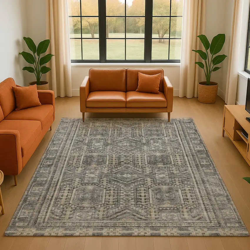 Pewter And Gray Geometric Washable Area Rug With UV Protection Photo 5