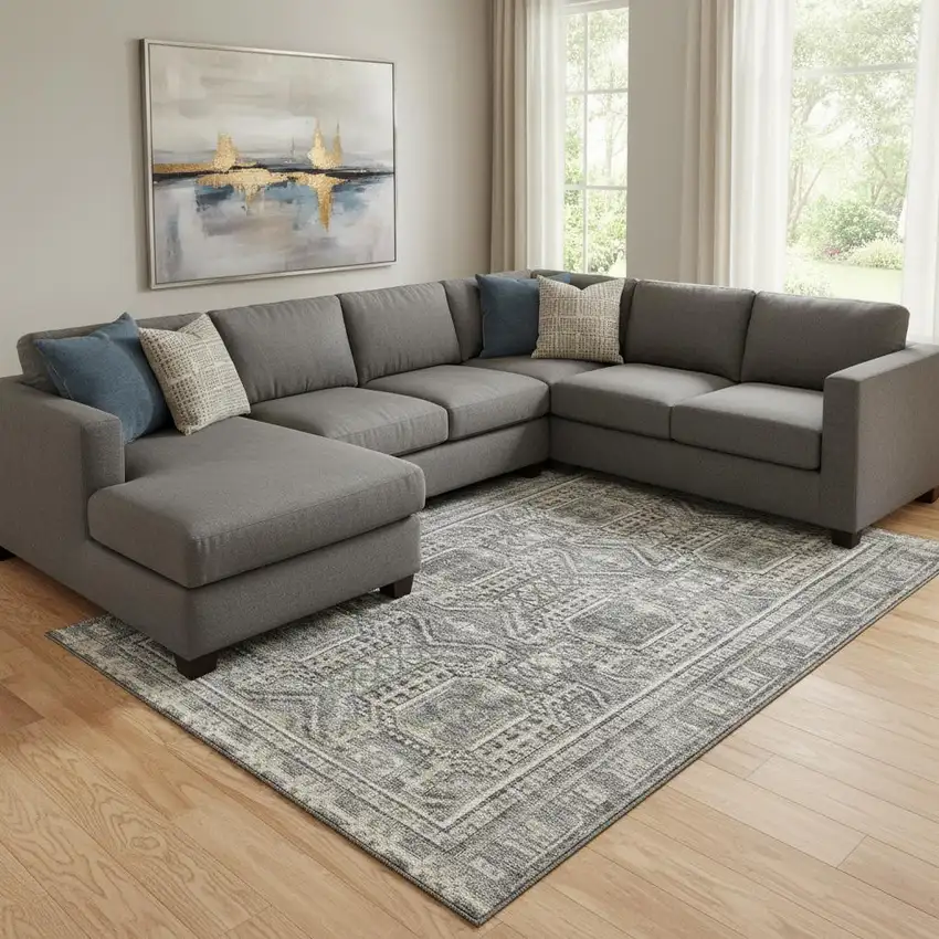 Pewter And Gray Geometric Washable Area Rug With UV Protection Photo 2