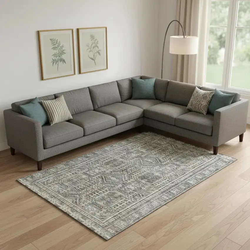 Pewter And Gray Geometric Washable Area Rug With UV Protection Photo 2