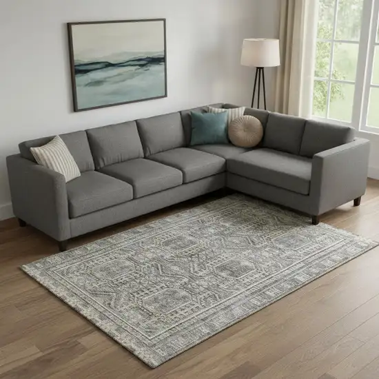 Pewter And Gray Geometric Washable Area Rug With UV Protection Photo 2