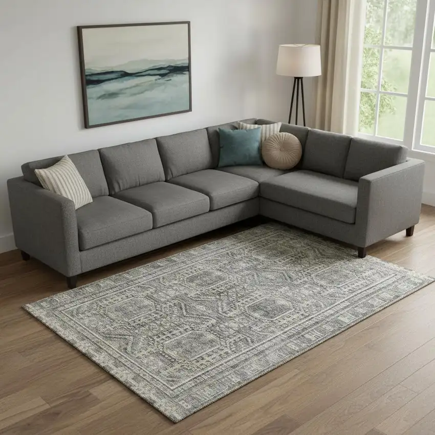 Pewter And Gray Geometric Washable Area Rug With UV Protection Photo 2