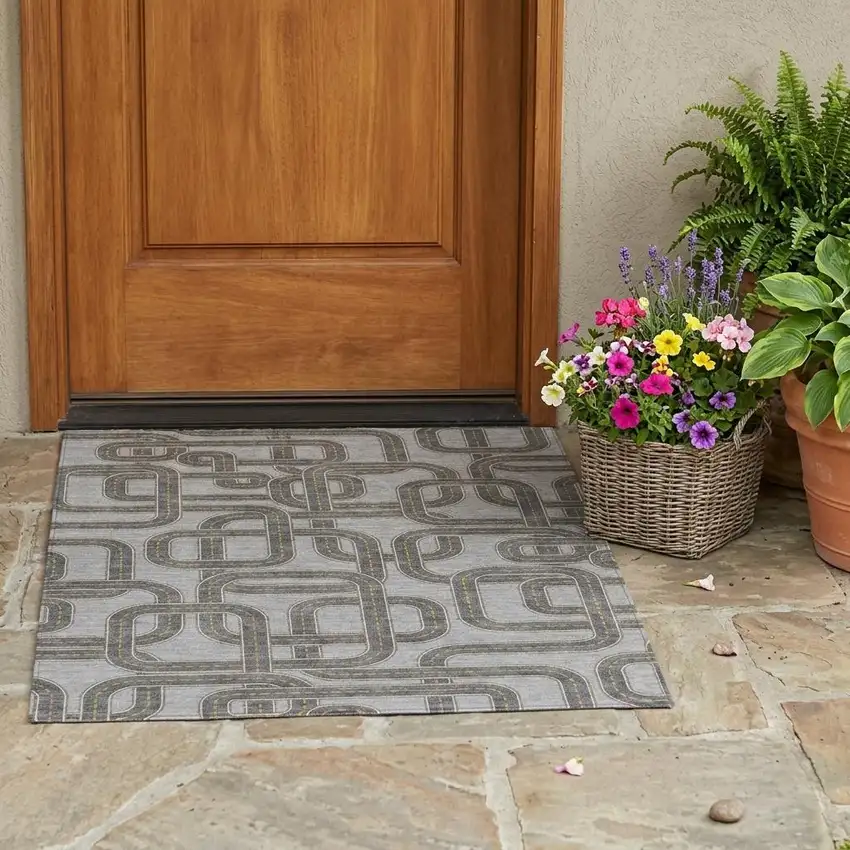 Pewter And Gray Geometric Washable Indoor Outdoor Area Rug Photo 1