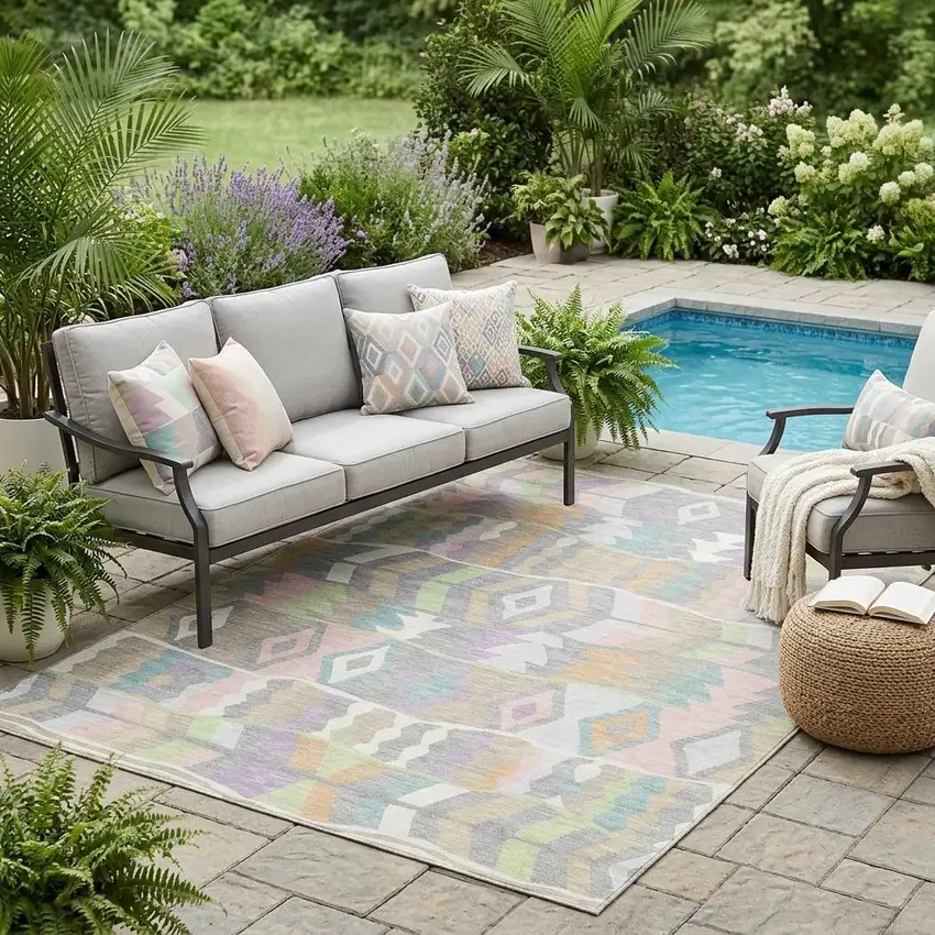 Pewter And Gray Geometric Washable Indoor Outdoor Area Rug Photo 1