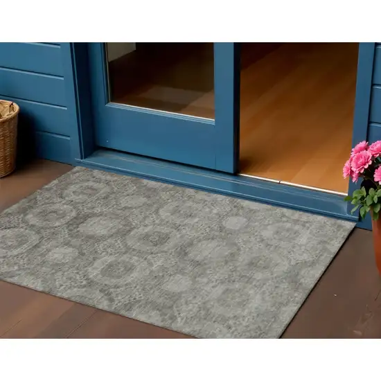 Pewter And Gray Medallion Washable Indoor Outdoor Area Rug Photo 2
