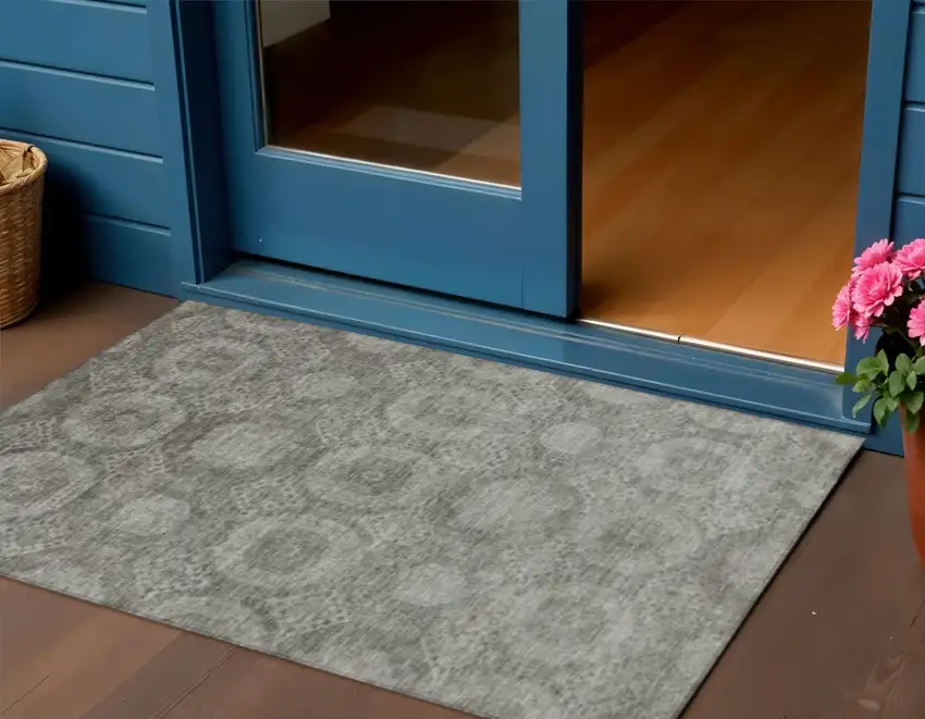 Pewter And Gray Medallion Washable Indoor Outdoor Area Rug Photo 2