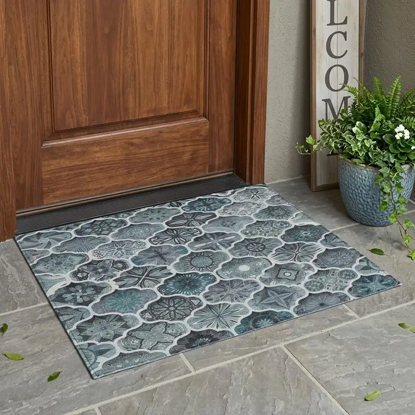 Pewter And Gray Ogee Washable Indoor Outdoor Area Rug Photo 1
