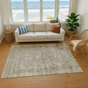 Photo of Pewter And Gray Oriental Washable Area Rug With UV Protection