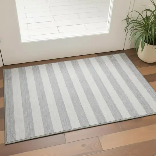 Pewter And Gray Striped Washable Area Rug With UV Protection Photo 2