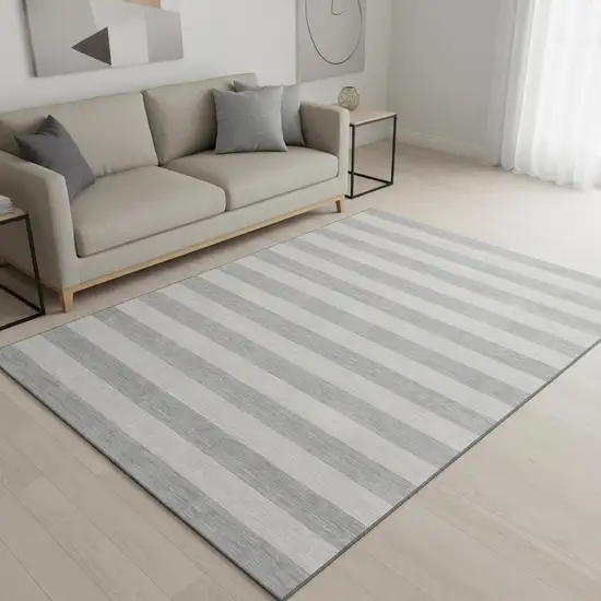 Pewter And Gray Striped Washable Area Rug With UV Protection Photo 2