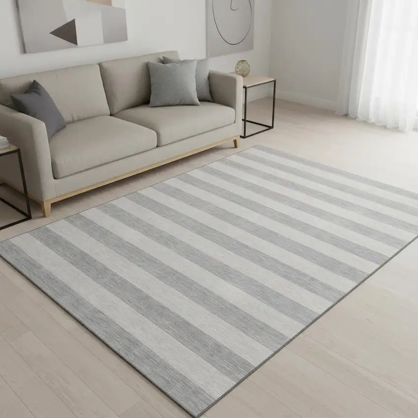 Pewter And Gray Striped Washable Area Rug With UV Protection Photo 2
