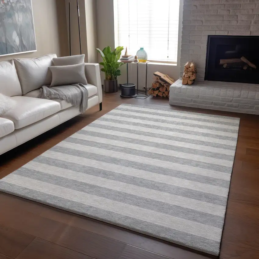 Pewter And Gray Striped Washable Area Rug With UV Protection Photo 5