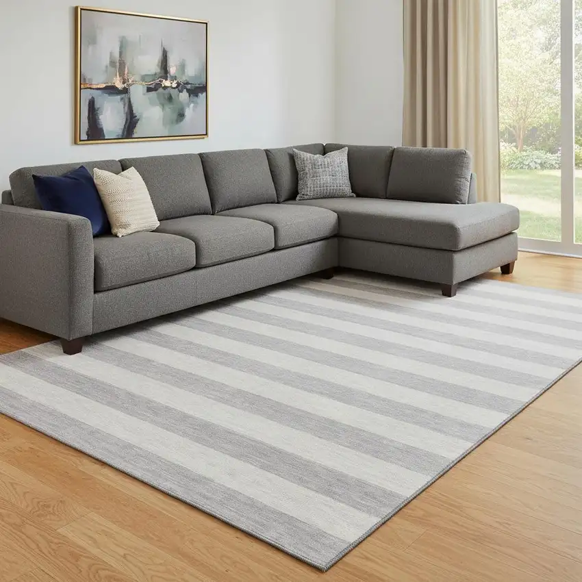 Pewter And Gray Striped Washable Area Rug With UV Protection Photo 1