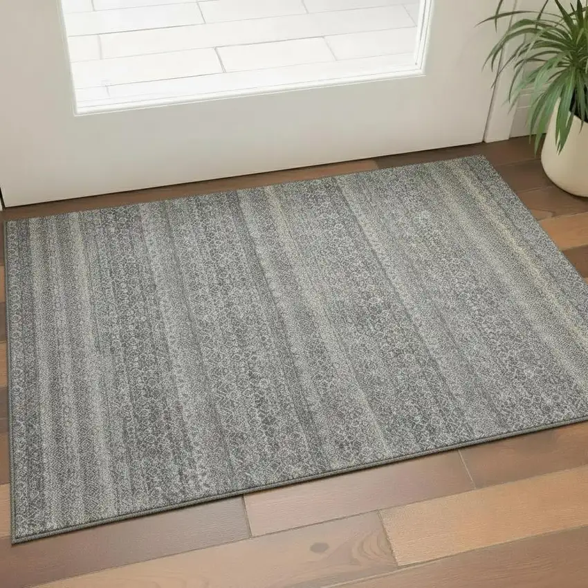 Pewter And Gray Striped Washable Area Rug With UV Protection Photo 2