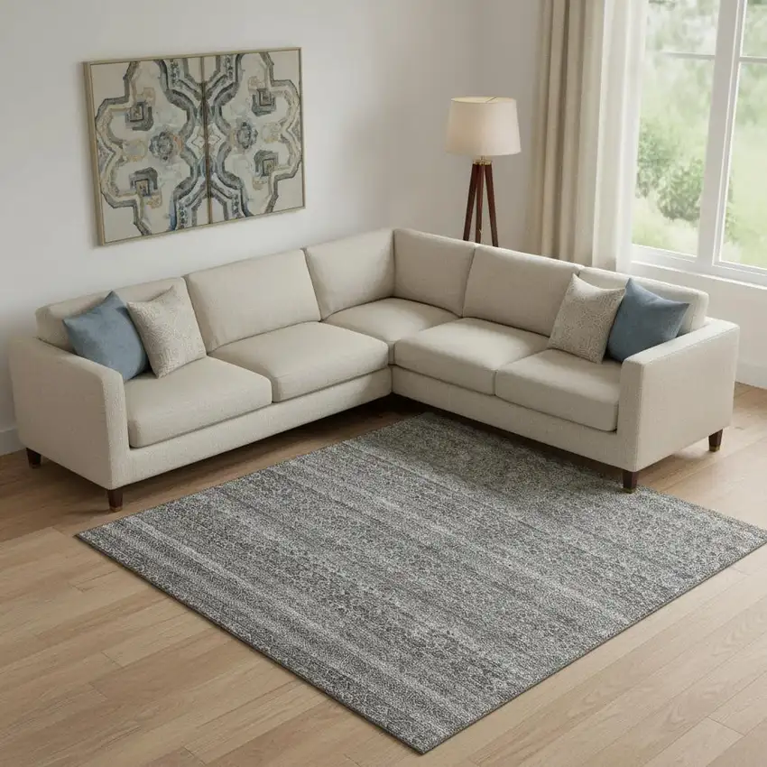 Pewter And Gray Striped Washable Area Rug With UV Protection Photo 2