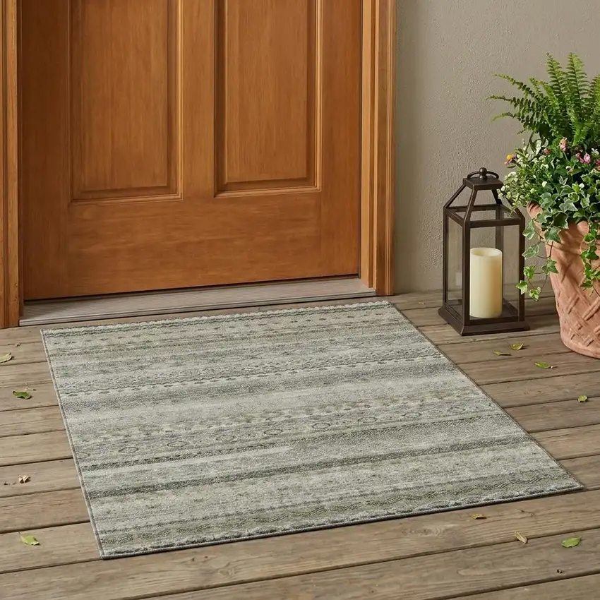 Pewter And Gray Striped Washable Indoor Outdoor Area Rug Photo 1