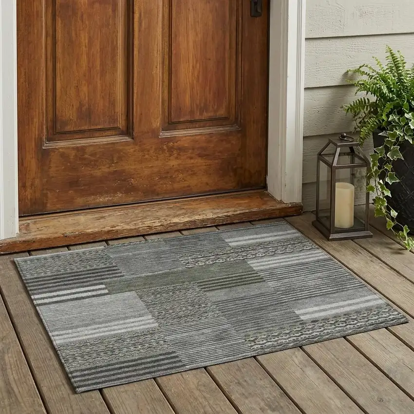 Pewter And Gray Striped Washable Indoor Outdoor Area Rug Photo 1
