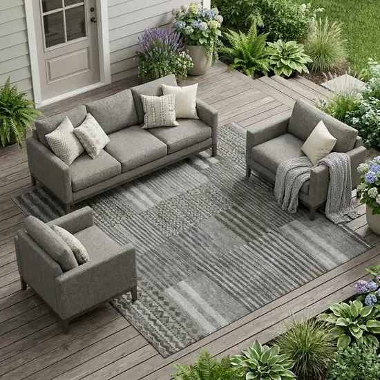 Pewter And Gray Striped Washable Indoor Outdoor Area Rug Photo 1