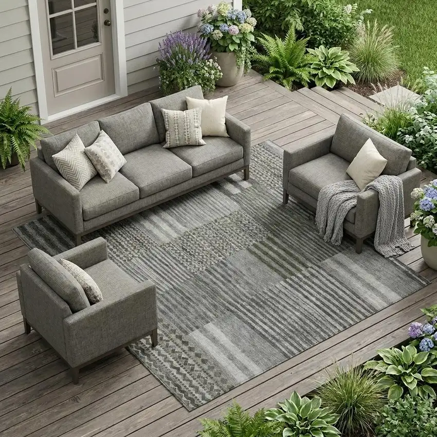 Pewter And Gray Striped Washable Indoor Outdoor Area Rug Photo 1