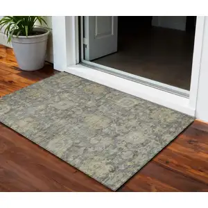 Photo of Pewter And Green Damask Washable Indoor Outdoor Area Rug