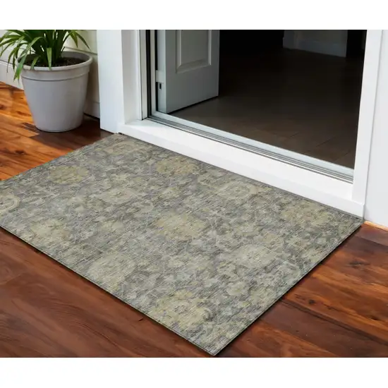 Pewter And Green Damask Washable Indoor Outdoor Area Rug Photo 1