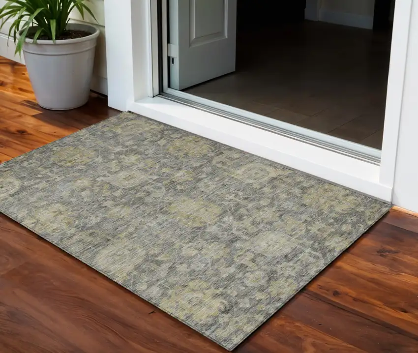 Pewter And Green Damask Washable Indoor Outdoor Area Rug Photo 1