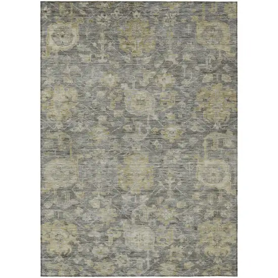 Pewter And Green Damask Washable Indoor Outdoor Area Rug Photo 2