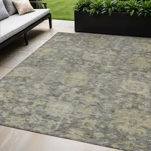 Photo of Pewter And Green Damask Washable Indoor Outdoor Area Rug