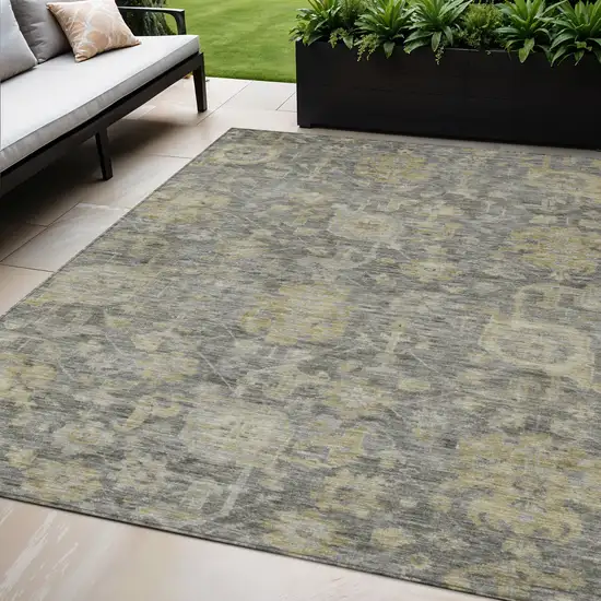 Pewter And Green Damask Washable Indoor Outdoor Area Rug Photo 1