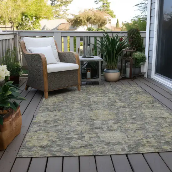 Pewter And Green Damask Washable Indoor Outdoor Area Rug Photo 9