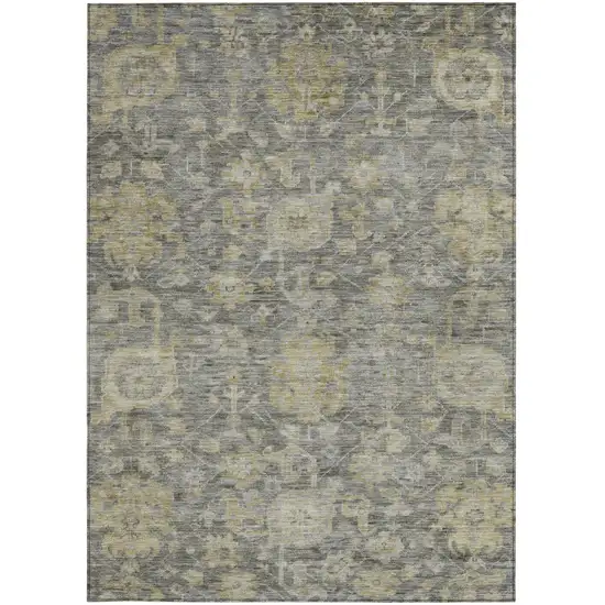 Pewter And Green Damask Washable Indoor Outdoor Area Rug Photo 5