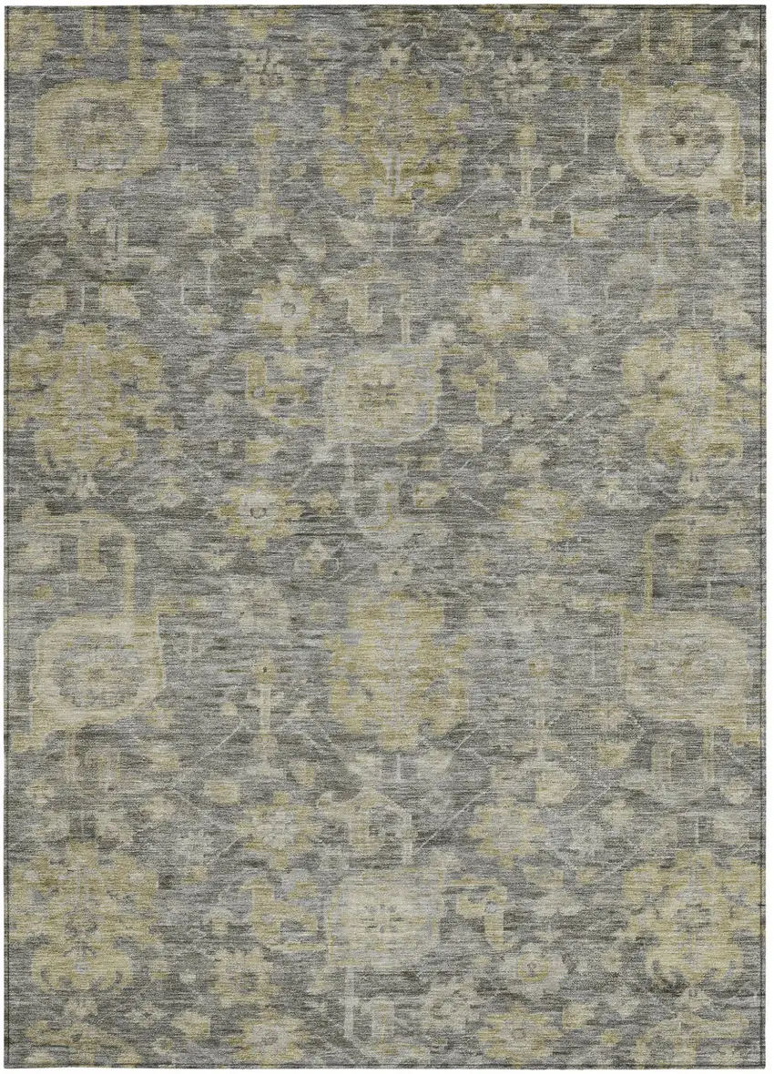Pewter And Green Damask Washable Indoor Outdoor Area Rug Photo 5