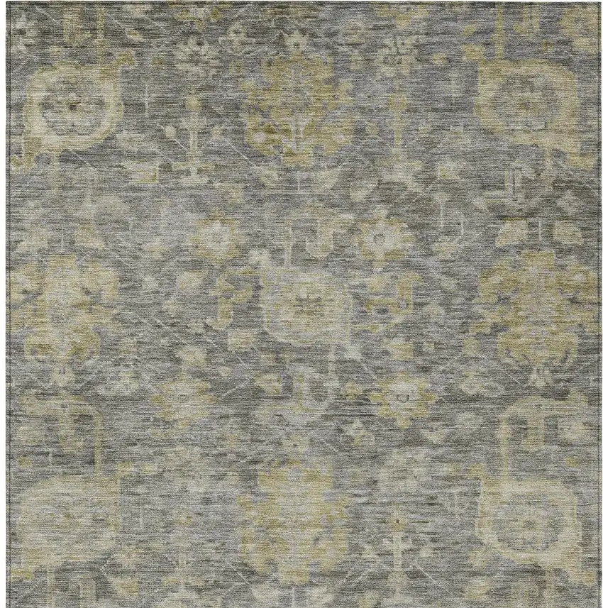Pewter And Green Damask Washable Indoor Outdoor Area Rug Photo 6