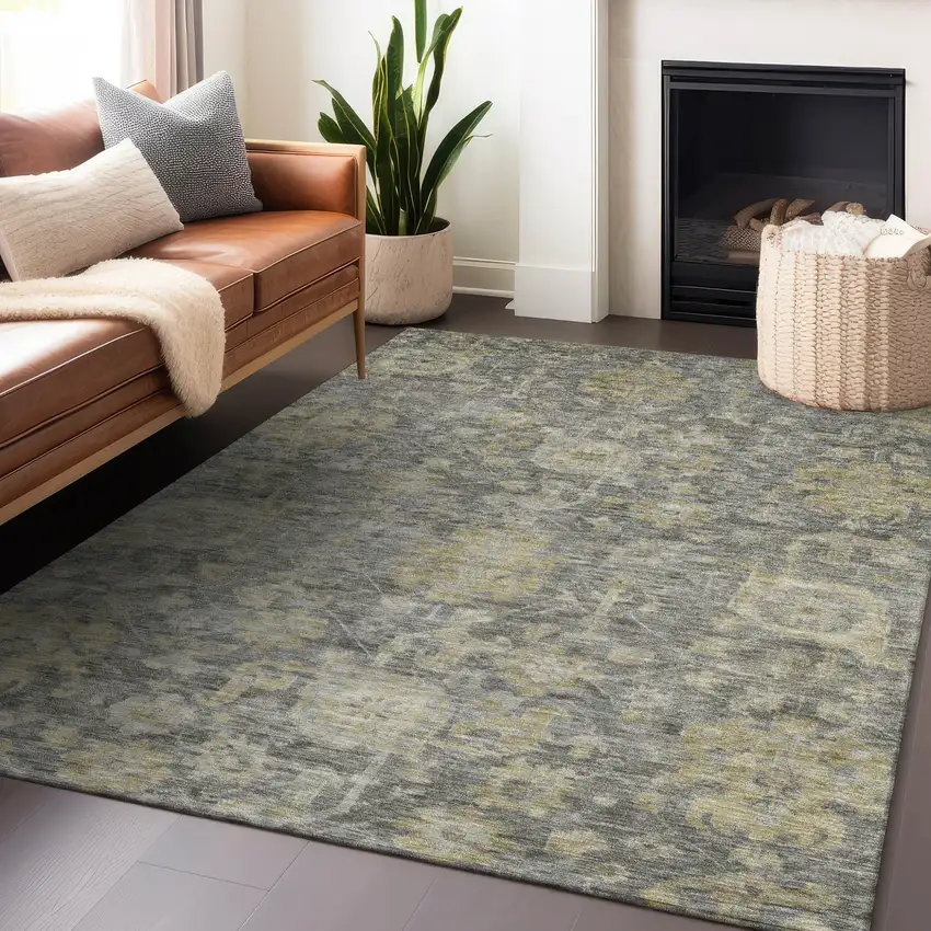 Pewter And Green Damask Washable Indoor Outdoor Area Rug Photo 8