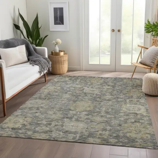 Pewter And Green Damask Washable Indoor Outdoor Area Rug Photo 9