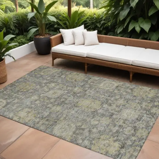 Pewter And Green Damask Washable Indoor Outdoor Area Rug Photo 1